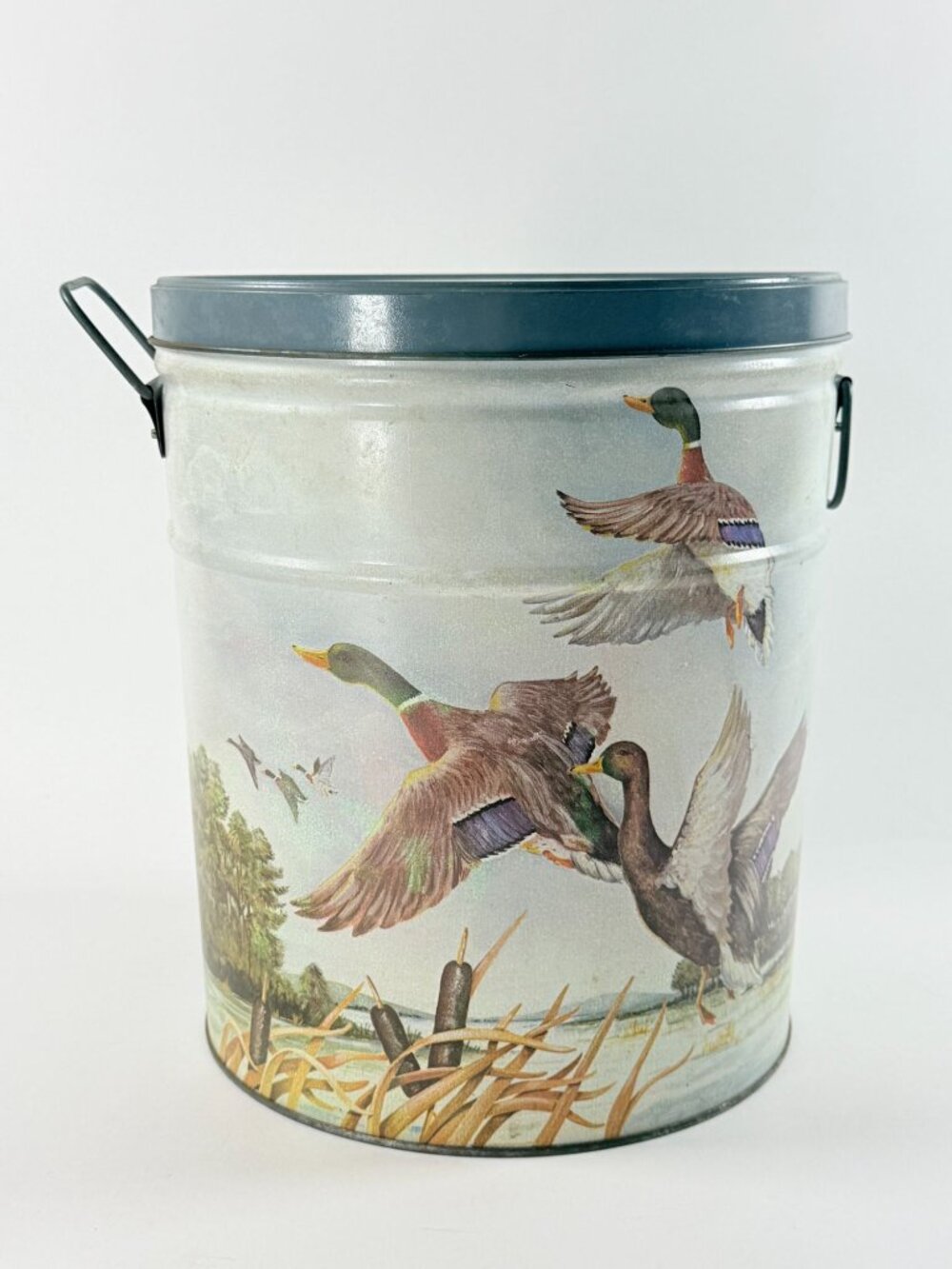 Vintage Keystone Duck Pond Scene Tin Canister W/Lid Farmhouse Cottage Decor